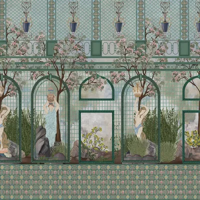 Wallpaper personalizat cu design geometric elegant și o freză clasică cu flori delicate