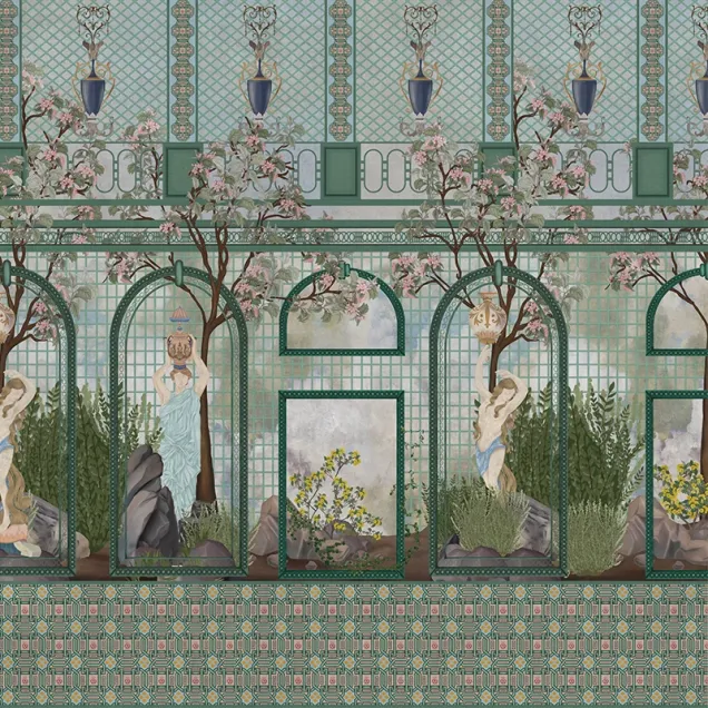 Wallpaper personalizat cu design geometric elegant și o freză clasică cu flori delicate