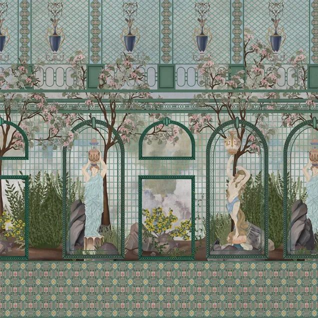 Wallpaper personalizat cu design geometric elegant și o freză clasică cu flori delicate