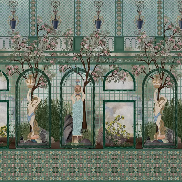 Wallpaper personalizat cu design geometric elegant și o freză clasică cu flori delicate