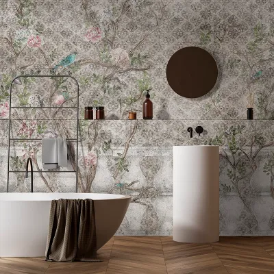 Tapet floral delicat cu ramuri delicate și flori pastelate, perfect pentru a crea o atmosferă elegantă și relaxantă.