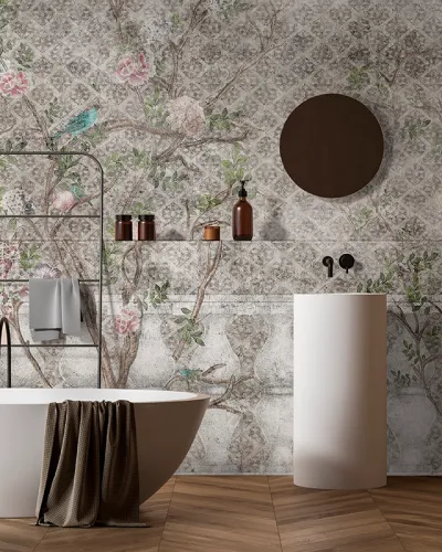 Tapet floral delicat cu ramuri delicate și flori pastelate, perfect pentru a crea o atmosferă elegantă și relaxantă.