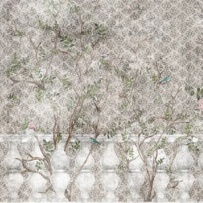 Tapet floral delicat cu ramuri delicate și flori pastelate, perfect pentru a crea o atmosferă elegantă și relaxantă.