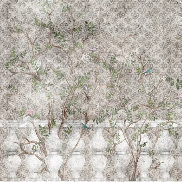 Tapet floral delicat cu ramuri delicate și flori pastelate, perfect pentru a crea o atmosferă elegantă și relaxantă.