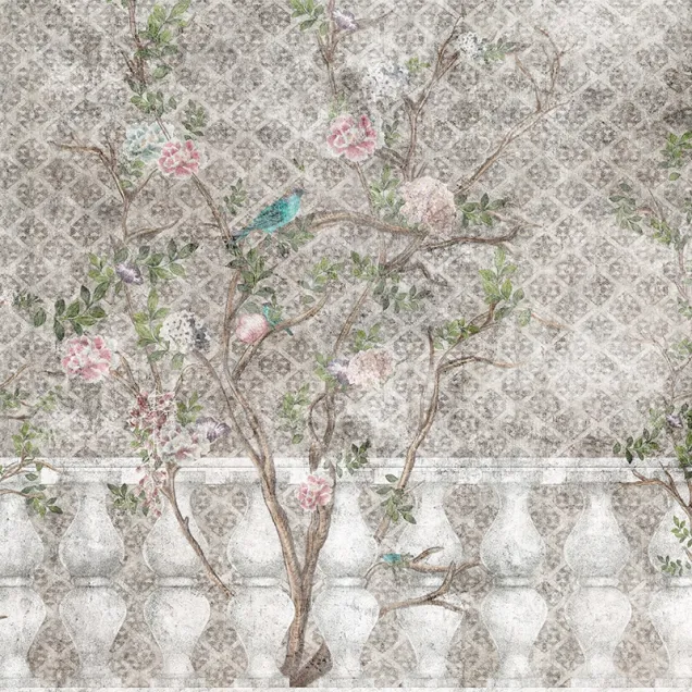 Tapet floral delicat cu ramuri delicate și flori pastelate, perfect pentru a crea o atmosferă elegantă și relaxantă.