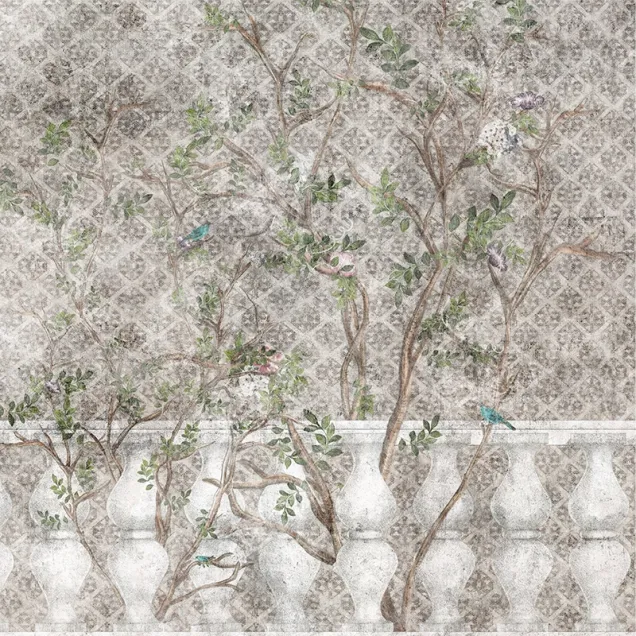 Tapet floral delicat cu ramuri delicate și flori pastelate, perfect pentru a crea o atmosferă elegantă și relaxantă.