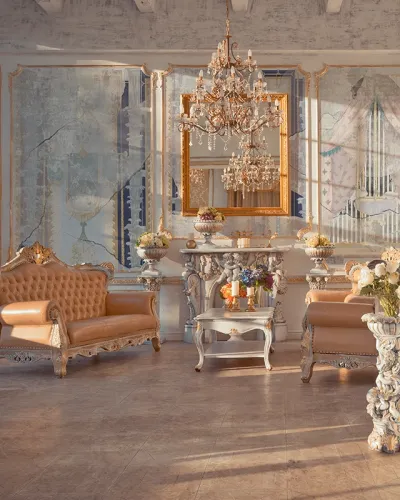 Wallpaper clasic cu design baroc, cu candelabre elegante și mobilier elegant, pentru un decor regal