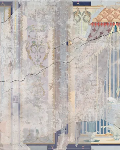 Wallpaper clasic cu design baroc, cu candelabre elegante și mobilier elegant, pentru un decor regal