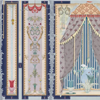 Tapet cu design clasic elegant, cu culori întunecate, detalii bogate și forme geometrice