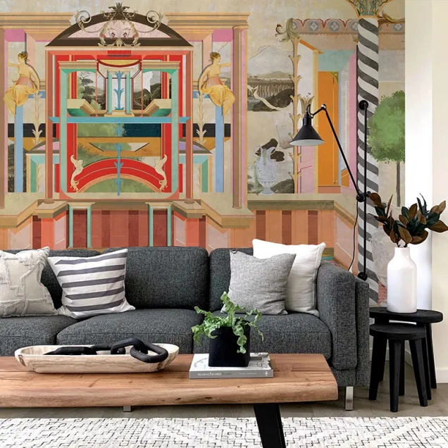 Tapet Rocambolesc - personalizat, design geometric vibrant, cu o femeie pe un balcon