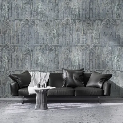 Tapet cu design gotic, arcade ornate, gri și albastru, ideal pentru living, dormitor