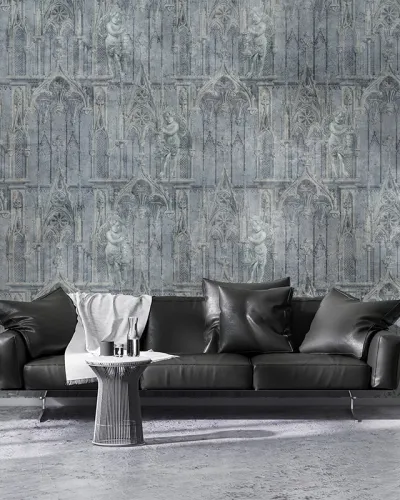 Tapet cu design gotic, arcade ornate, gri și albastru, ideal pentru living, dormitor