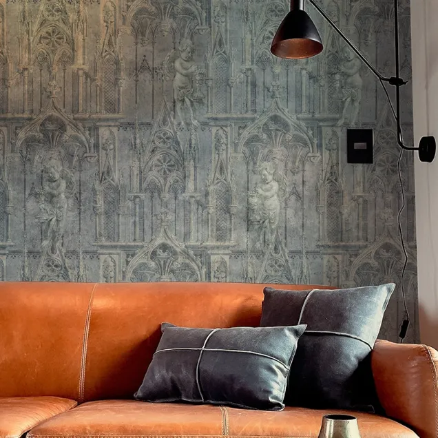 Tapet cu design gotic, arcade ornate, gri și albastru, ideal pentru living, dormitor
