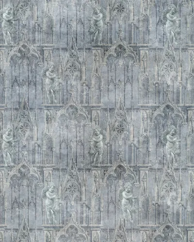 Tapet cu design gotic, arcade ornate, gri și albastru, ideal pentru living, dormitor