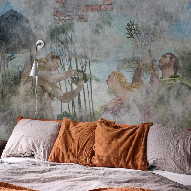 Tapet personalizat cu o scenă din mitologia greacă, ilustrând o întâlnire romantică în pădure, cu personaje și detalii bogate, în stil renascentist.