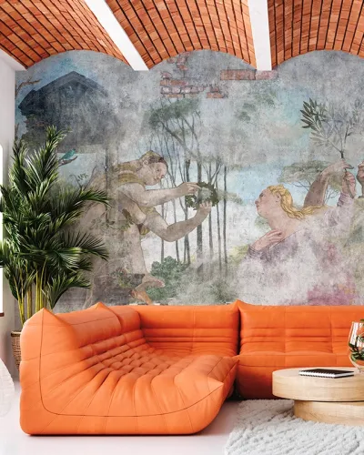 Tapet personalizat cu o scenă din mitologia greacă, ilustrând o întâlnire romantică în pădure, cu personaje și detalii bogate, în stil renascentist.