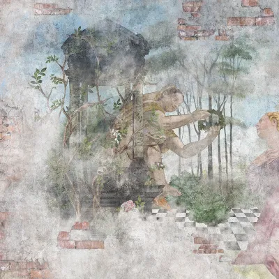 Tapet personalizat cu o scenă din mitologia greacă, ilustrând o întâlnire romantică în pădure, cu personaje și detalii bogate, în stil renascentist.