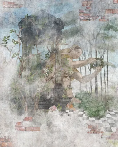 Tapet personalizat cu o scenă din mitologia greacă, ilustrând o întâlnire romantică în pădure, cu personaje și detalii bogate, în stil renascentist.