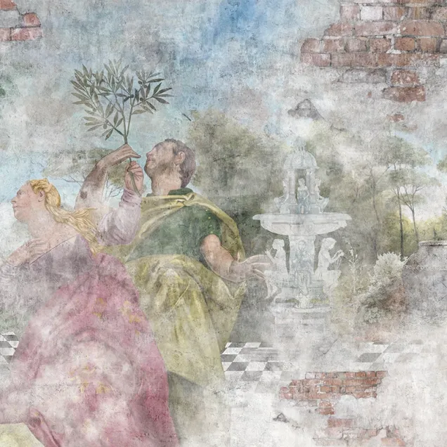 Tapet personalizat cu o scenă din mitologia greacă, ilustrând o întâlnire romantică în pădure, cu personaje și detalii bogate, în stil renascentist.