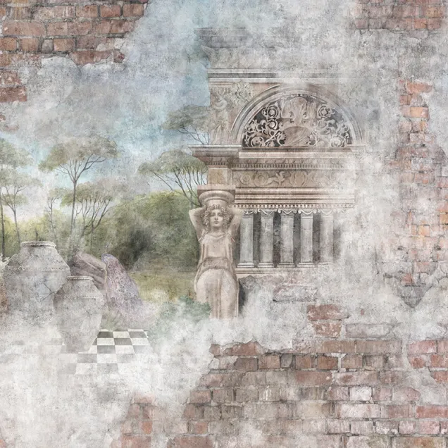 Tapet personalizat cu o scenă din mitologia greacă, ilustrând o întâlnire romantică în pădure, cu personaje și detalii bogate, în stil renascentist.