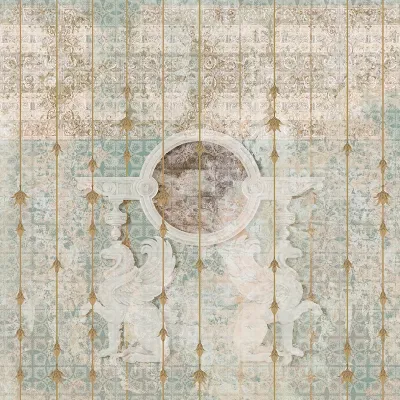 Tapet Antico Amore (blush) - personalizat, cu un design vintage elegant, prezentat intr-un decor de baie modern.