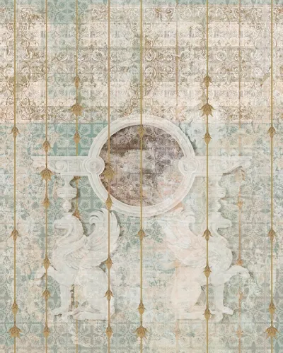 Tapet Antico Amore (blush) - personalizat, cu un design vintage elegant, prezentat intr-un decor de baie modern.