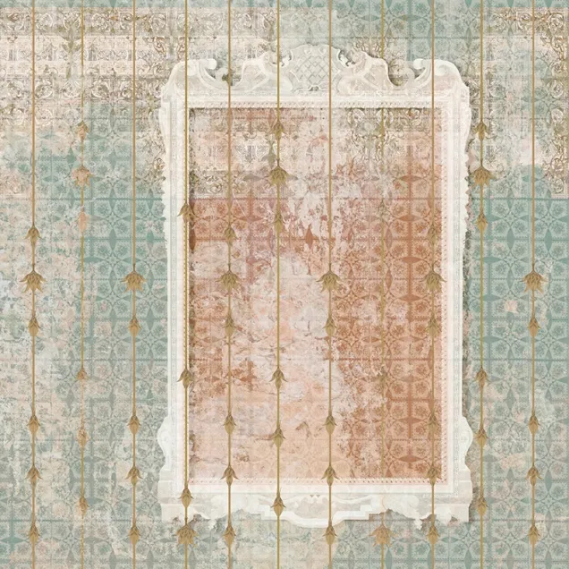 Tapet Antico Amore (blush) - personalizat, cu un design vintage elegant, prezentat intr-un decor de baie modern.