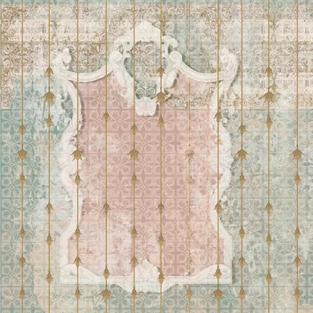 Tapet Antico Amore (blush) - personalizat, cu un design vintage elegant, prezentat intr-un decor de baie modern.