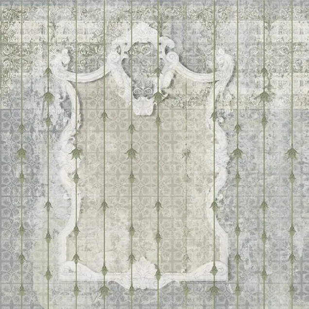 Tapet personalizat cu design vintage elegant, Antico Amore (greige) in camera de dining