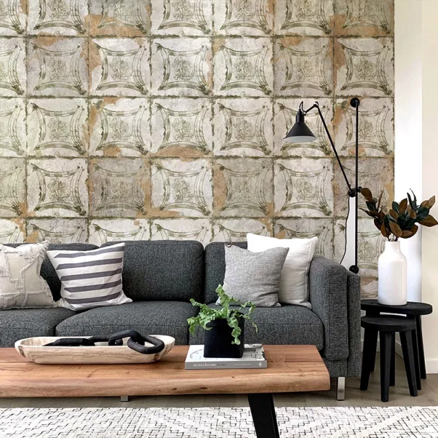 Tapet modern cu design geometric, in nuante de verde si bej, ideal pentru a decora livingul sau dormitorul