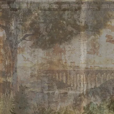 Tapet cu design mistic, prezentand trei femei in rochii lungi, in fata unor ruine. O pasare alba zboara deasupra.