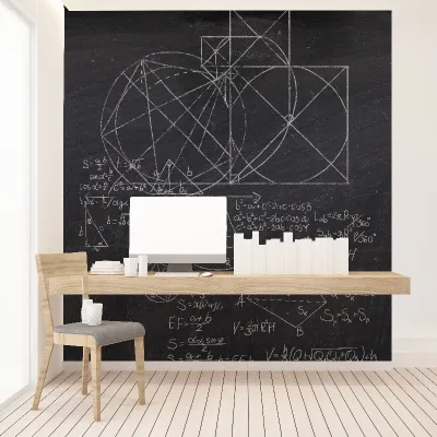 Tapet geometric abstract pe un fond negru, cu forme geometrice simple și formule matematice.