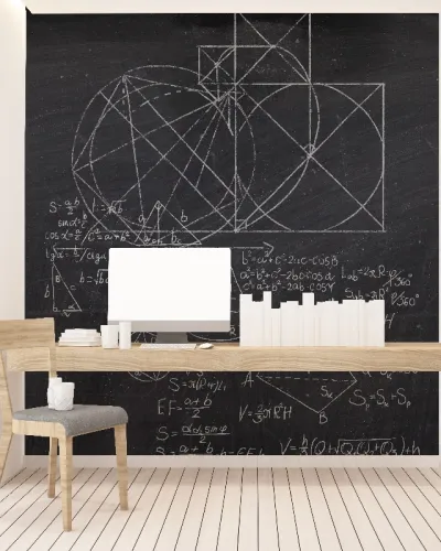Tapet geometric abstract pe un fond negru, cu forme geometrice simple și formule matematice.