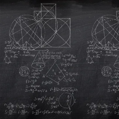 Tapet geometric abstract pe un fond negru, cu forme geometrice simple și formule matematice.
