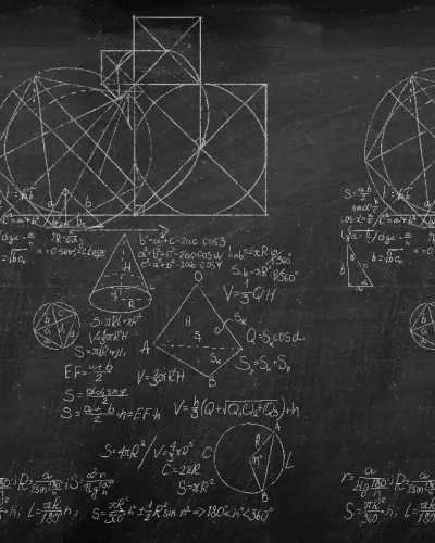 Tapet geometric abstract pe un fond negru, cu forme geometrice simple și formule matematice.