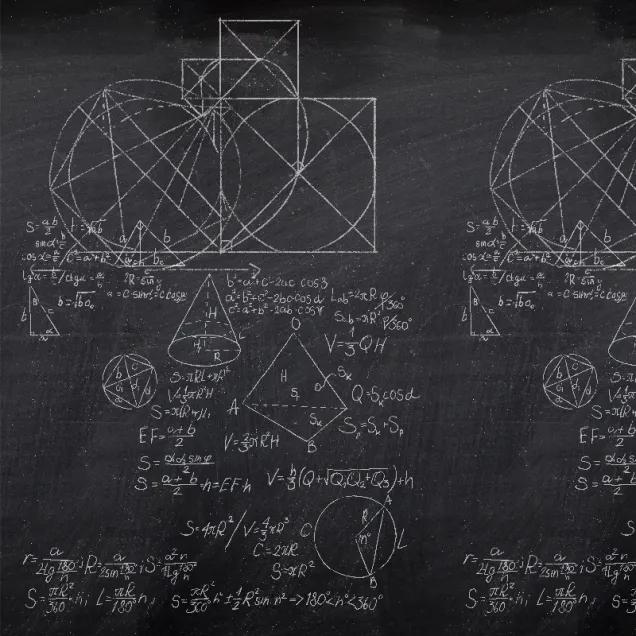 Tapet geometric abstract pe un fond negru, cu forme geometrice simple și formule matematice.