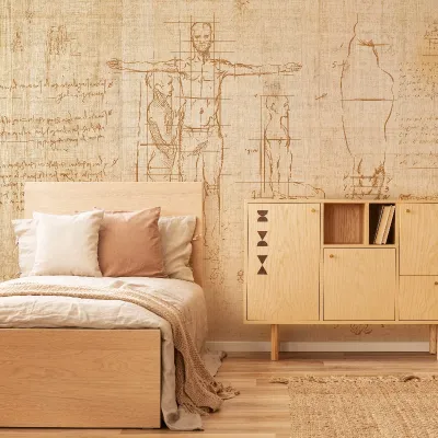 Tapet modern cu design artistic, inspirat de studiul proporțiilor umane. Designul prezintă linii delicate și detalii complexe, pe fundal bej.