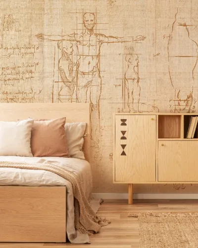 Tapet modern cu design artistic, inspirat de studiul proporțiilor umane. Designul prezintă linii delicate și detalii complexe, pe fundal bej.