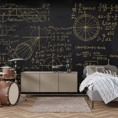 Tapet cu formule matematice aurii pe fond negru, decorat cu un avion, o figurina si o canapea