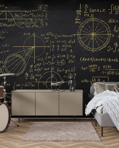 Tapet cu formule matematice aurii pe fond negru, decorat cu un avion, o figurina si o canapea