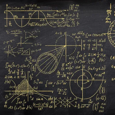 Tapet cu formule matematice aurii pe fond negru, decorat cu un avion, o figurina si o canapea