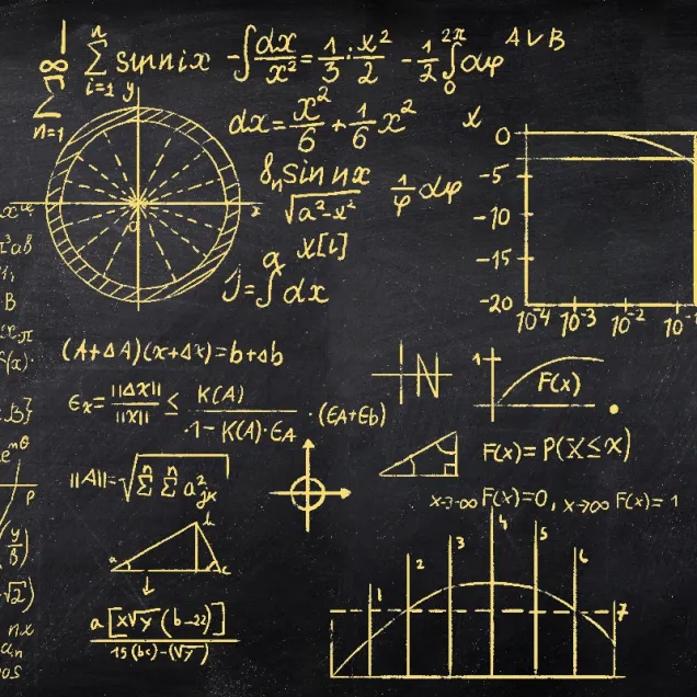 Tapet cu formule matematice aurii pe fond negru, decorat cu un avion, o figurina si o canapea
