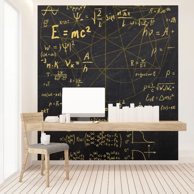 Tapet cu formule matematice scrise cu aur pe fond negru.