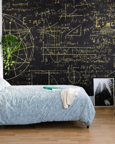 Tapet Cardinality gold - personalizat, cu design minimalist in tonuri de auriu si negru, cu formule matematice scrise de mana.