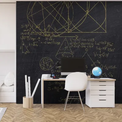 Tapet Square Root Gold, cu design geometric și formule matematice, pe un perete negru cu accente aurii