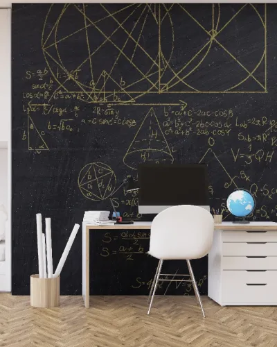 Tapet Square Root Gold, cu design geometric și formule matematice, pe un perete negru cu accente aurii