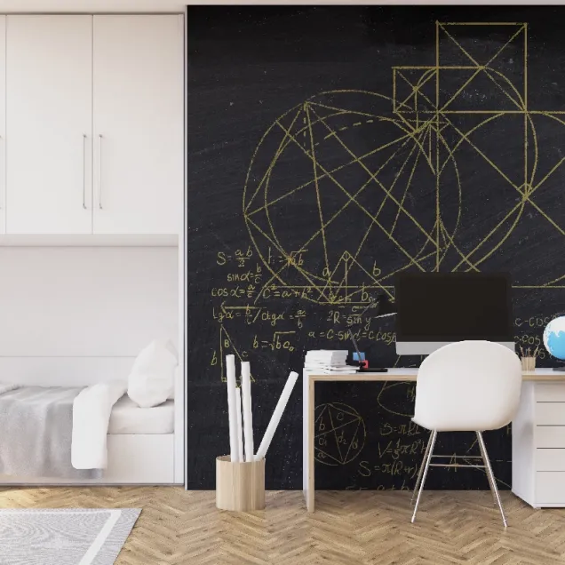 Tapet Square Root Gold, cu design geometric și formule matematice, pe un perete negru cu accente aurii