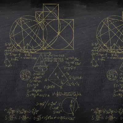 Tapet Square Root Gold, cu design geometric și formule matematice, pe un perete negru cu accente aurii