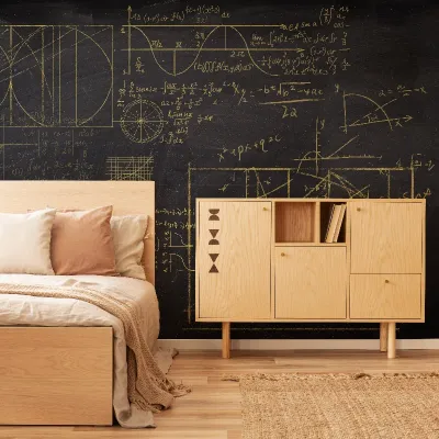 Tapet geometric cu formule matematice, in culori aurii, pe fond negru