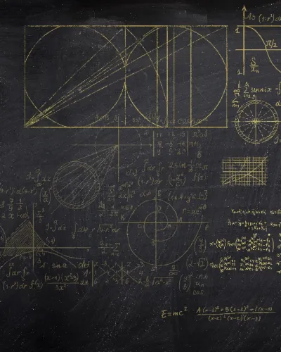 Tapet geometric cu formule matematice, in culori aurii, pe fond negru